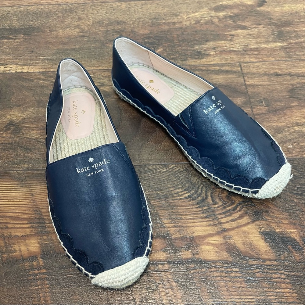 Kate Spade Garden Espadrille Flats Blue Leather Scalloped Size 6.5